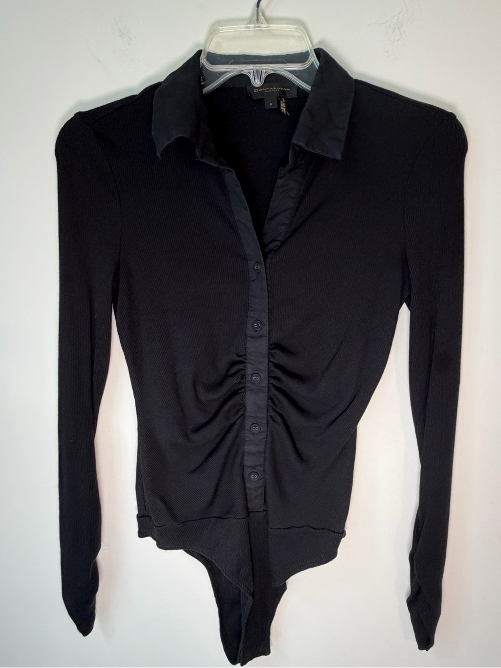 Donna Karan longsleeve bodysuit black Collared cotton button down Sz S Preowned